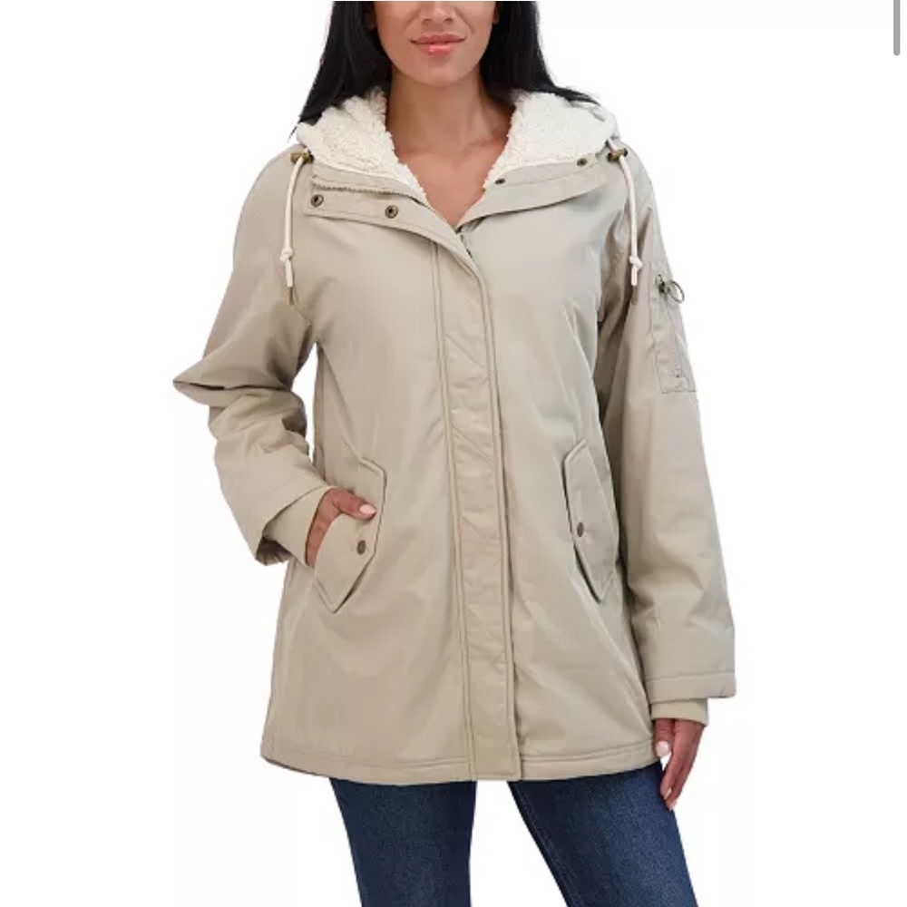 Sebby ' Flight Satin 3/4 Cozy Lined Hooded Jacket stone